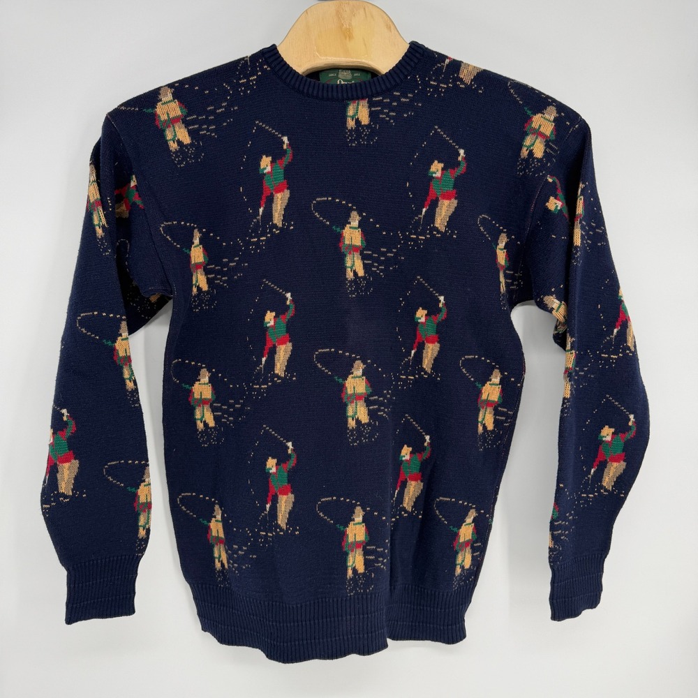 Vintage Orvis Fly Fishing Sweater Mens XL Navy Blue Cotton Knit Made in USA